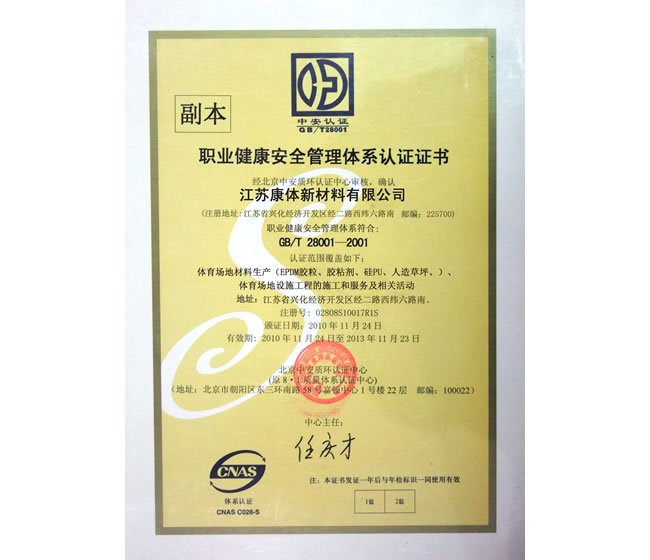 職業(yè)健康安全管理體系認(rèn)證證書(shū)